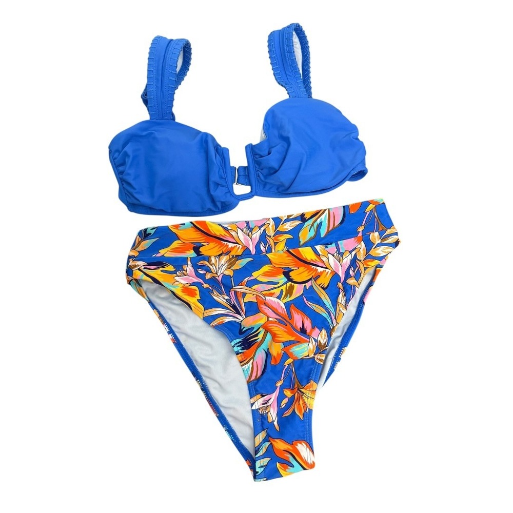 Cupshe 2 Piece Bikini Set Royal Blue U-Wire Top Tropical Floral Bottom S NWT - Picture 2 of 11